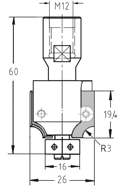 Technische Maßzeichnung des Wechselplattenfräsers: R 3 mm, M12-Gewinde, Durchmesser 26 mm und 16 mm Kugellager.