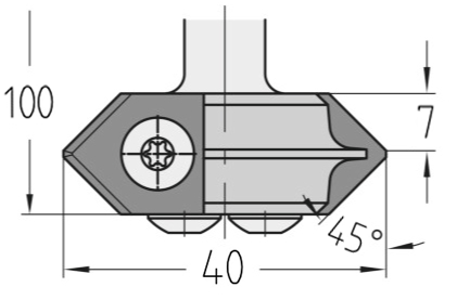 Technische Maßzeichnung des JSO Wendeplatten-Kombifräsers (45°, 40x7 mm, Gesamtlänge 100 mm) mit exakter Darstellung der auswechselbaren Schneidenprofile und des S16-Schafts.