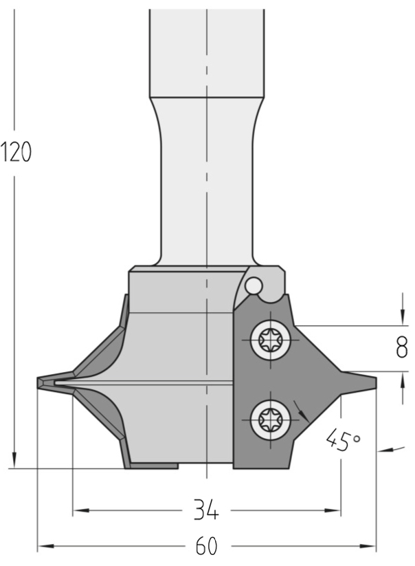 Technische Maßzeichnung des JSO Wendeplatten-Kombifräsers (45°, 60x8 mm, Gesamtlänge 120 mm) mit exakter Darstellung der auswechselbaren Schneidenprofile und des S20-Schafts.