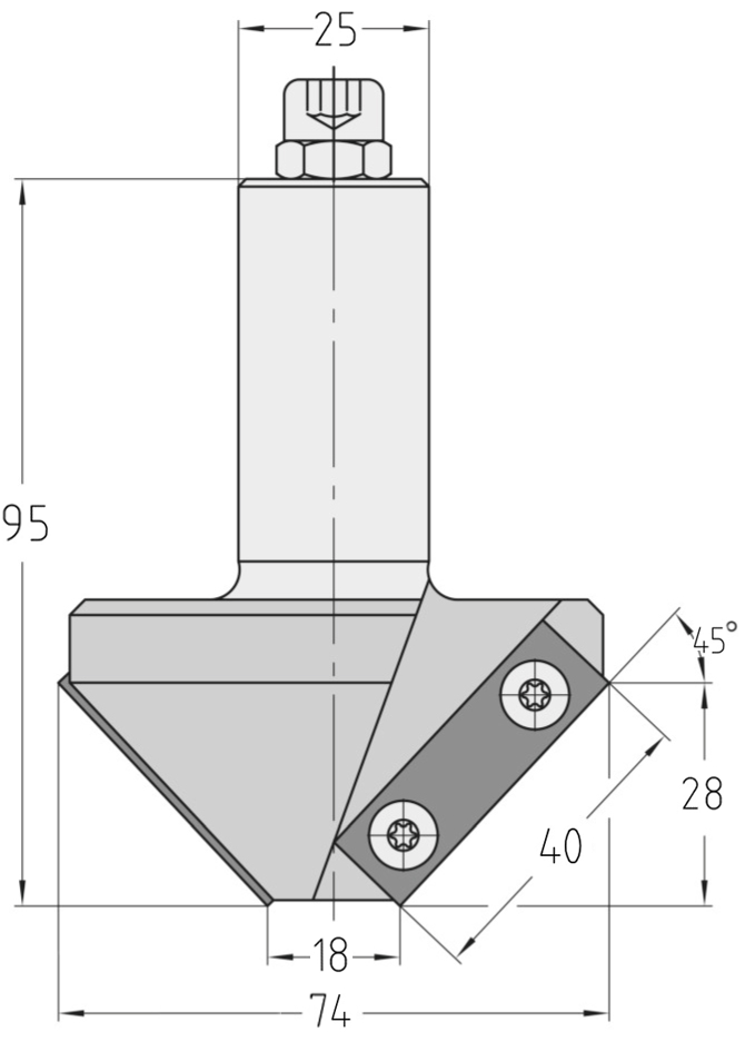 Technische Maßzeichnung des JSO Wendeplatten-Fasefräsers (45°, 74x28 mm, Gesamtlänge 95 mm) mit exakter Darstellung der Messerplatzierung, der Nutzlänge und des zylindrischen S25-Schafts.