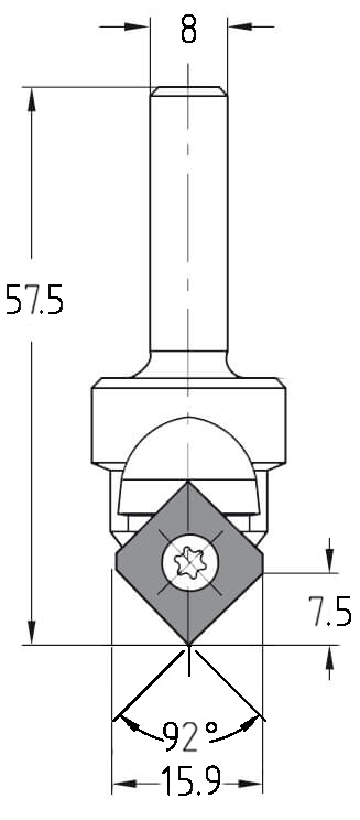 Technische Maßzeichnung des JSO Wendeplatten-Ziernutfräsers mit Details zu Durchmesser (15,9 mm), Nutzlänge (7,5 mm) und Winkel.