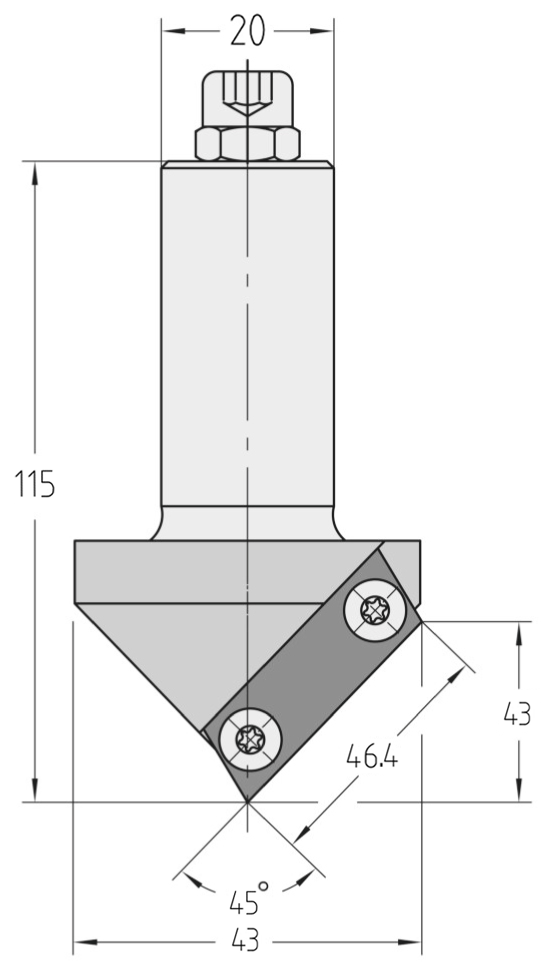 Technische Maßzeichnung des JSO Wendeplatten-Foldingfräsers (45° Spitzenwinkel, 43 mm Nutzlänge, Gesamtlänge 115 mm) mit exakter Darstellung der geschlossenen Zentrumsspitze, der Schnitttiefe und des S20-Schafts.