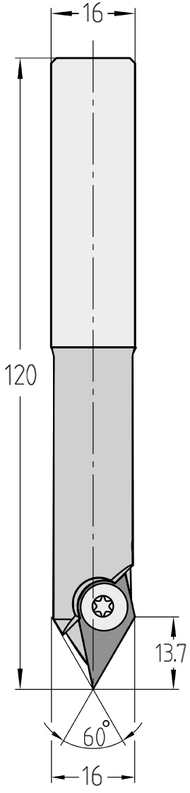 Technische Maßzeichnung des JSO Wendeplatten-Gravier- und Eckenfräsers (60°, 16x13,7 mm, Gesamtlänge 120 mm) mit exakter Darstellung der Wendeplatten-Zentrumsspitze, der Schnittlänge und des S16-Schafts.