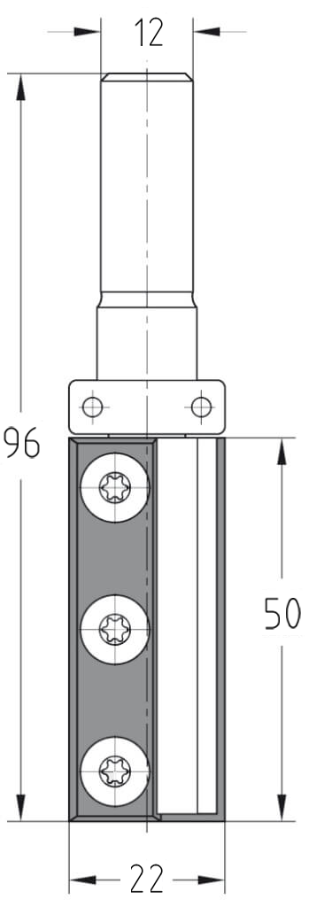 Technische Zeichnung JSO Wendeplatten-Bündigfräser Ø 22mm NL 50mm S12 GL 96mm – Maße für tiefe Kantenfräsungen
