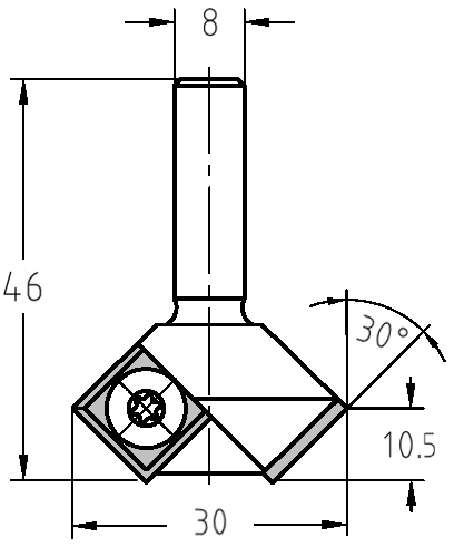 Maßzeichnung JSO 30° Fasefräser: Durchmesser 30 mm, Nutzlänge 12 mm, Gesamtlänge 46 mm, Schaft 8 mm.