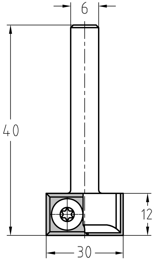 Technische Maßzeichnung des JSO Wendeplatten-Falzfräswerkzeugs mit Maßangaben für Durchmesser (30 mm), Nutzlänge (12 mm) und Gesamtlänge (40 mm).