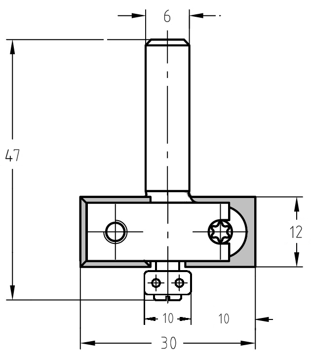 Technische Maßzeichnung des WP-Falzfräsers Ø 30 mm mit Anlauflager, T 10 mm, S6.
