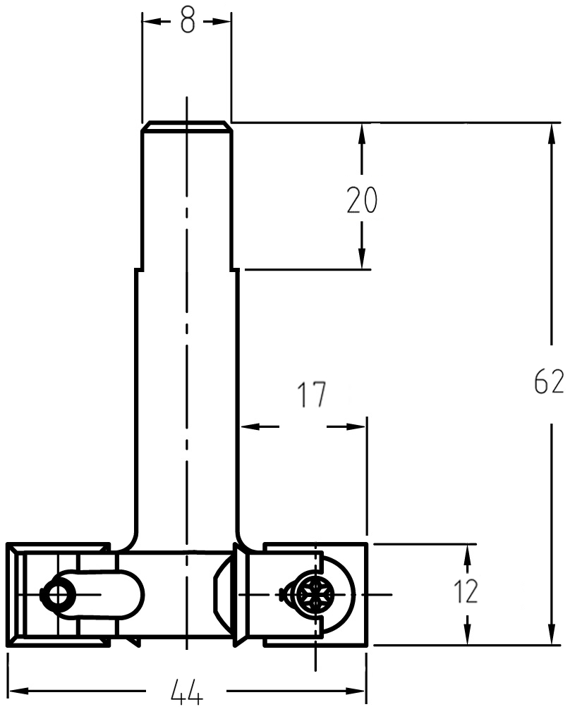 Technische Maßzeichnung des JSO Schlosskastenfräsers für No-Ha Systeme mit Details zu Durchmesser 44 mm, Nutzlänge 12 mm, Gesamtlänge 62 mm und der minimalen Einspannlänge.