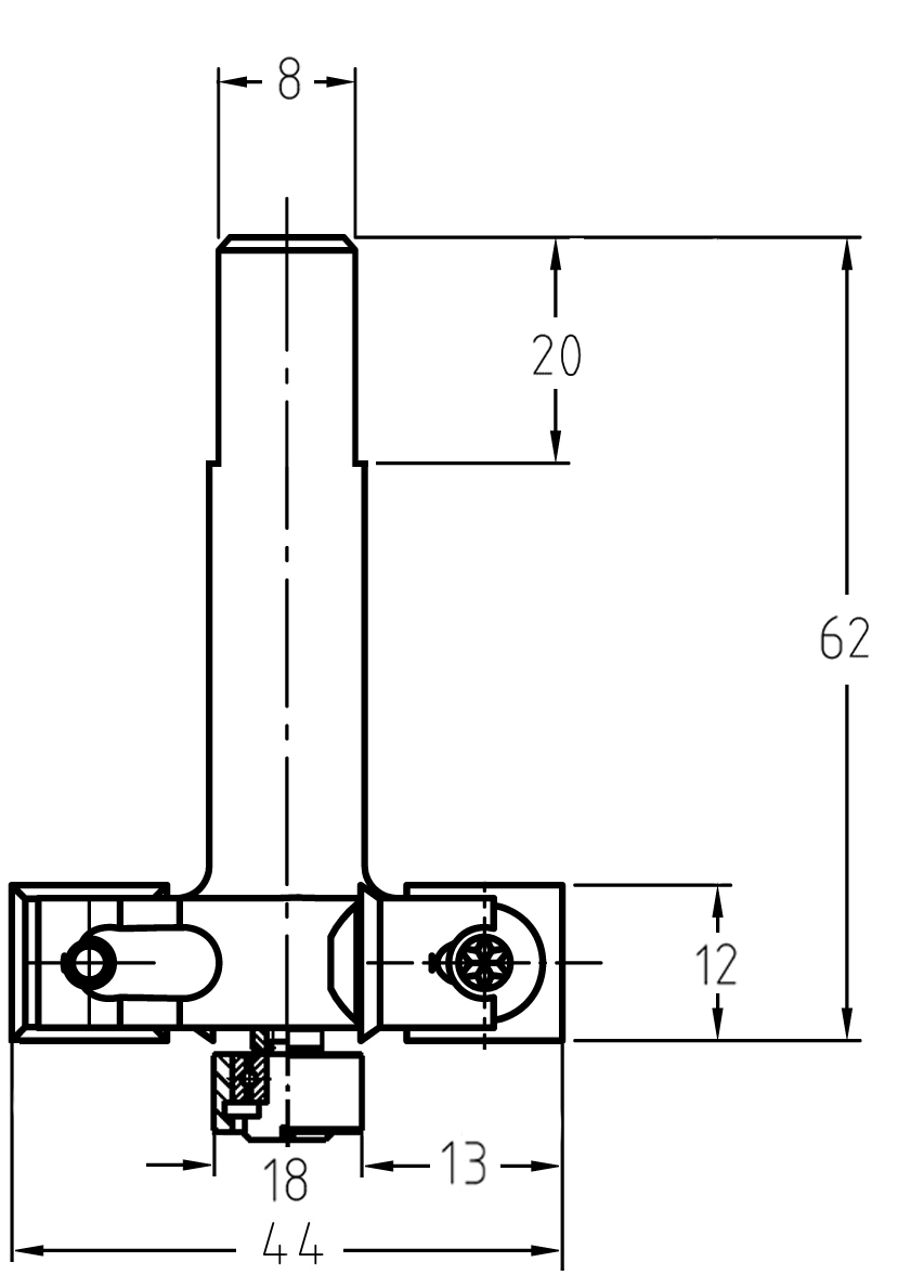 Technische Maßzeichnung des JSO Falzfräsers mit Z=4 Geometrie und genauen Angaben für Durchmesser (44 mm), Falztiefe (13 mm) und Gesamtlänge (62 mm).