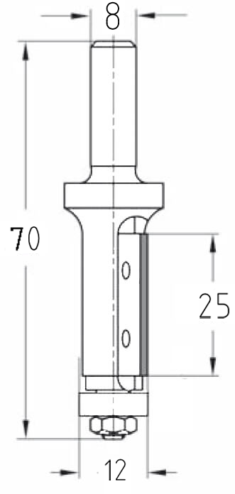 Technische Zeichnung JSO Wendeplatten-Bündigfräser Ø 12mm NL 25mm S8 GL 70mm – Maße für Kantenfräser
