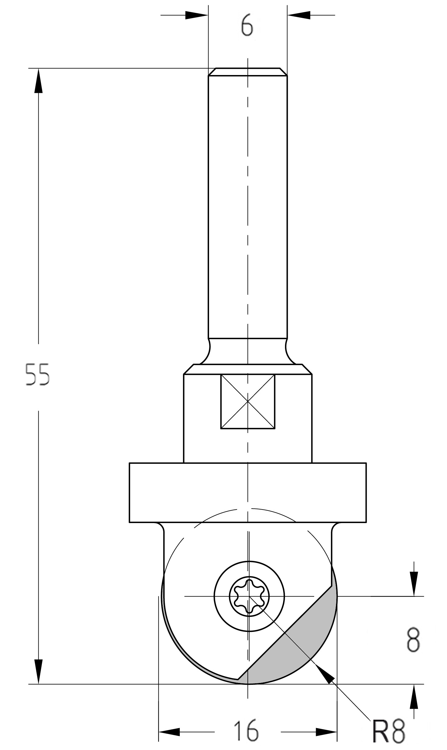 Maßzeichnung des Wendeplatten-Hohlkehlfräsers: Radius 8 mm, Durchmesser 16 mm, Nutzlänge 8 mm, Gesamtlänge 60 mm.