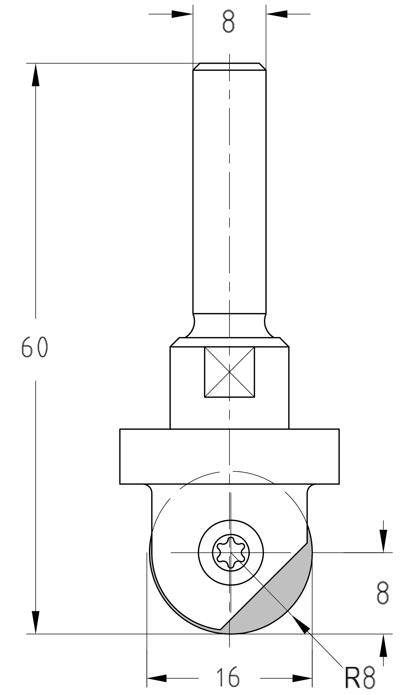 Maßzeichnung des Wendeplatten-Hohlkehlfräsers: Radius 8 mm, Durchmesser 16 mm, Nutzlänge 8 mm, Gesamtlänge 60 mm.