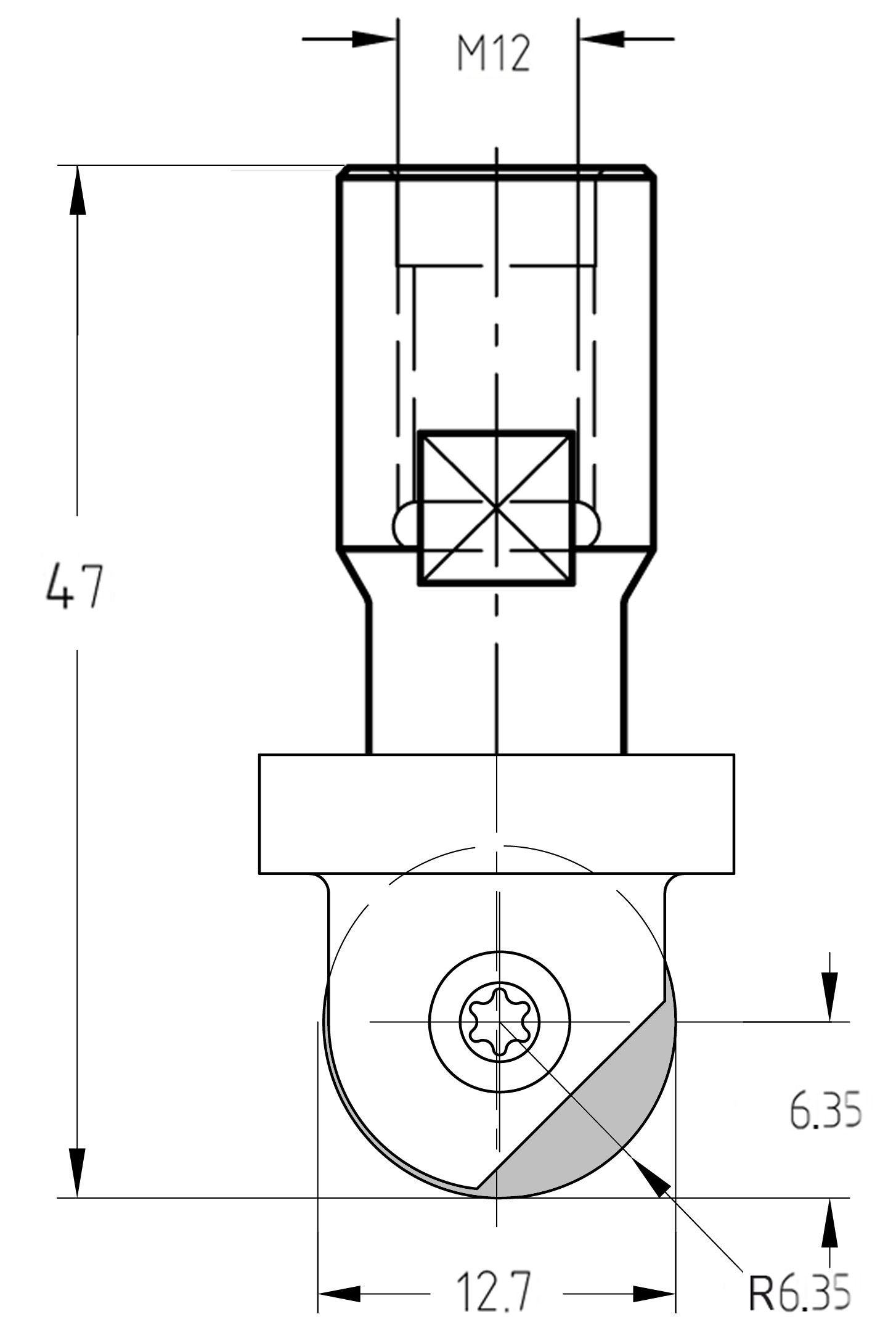 Maßzeichnung des Wendeplatten-Hohlkehlfräsers: R 6,35 mm, Durchmesser 12,7 mm, Nutzlänge 6,35 mm, M12-Anschluss.