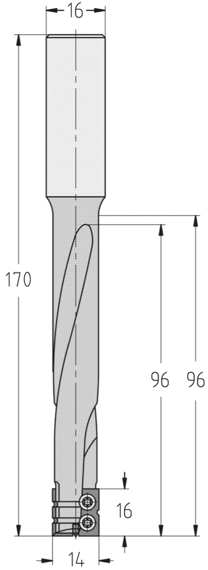 Technische Maßzeichnung des JSO HW Wendeplatten-Schlosskastenfräsers mit Darstellung der Spiralspurführung, integrierten Spanbrechern, Durchmesser 14 mm, Nutzlänge 96 mm, Schaft 16 mm und Gesamtlänge 170 mm.