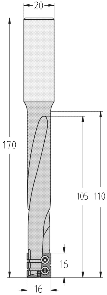 Technische Maßzeichnung des JSO HW Wendeplatten-Schlosskastenfräsers mit Darstellung der Spiralspurführung, integrierten Spanbrechern, Durchmesser 16 mm, Nutzlänge 105 mm, Schaft 20 mm und Gesamtlänge 170 mm.