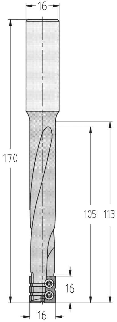 Technische Maßzeichnung des JSO HW Wendeplatten-Schlosskastenfräsers mit Darstellung der Spiralspurführung, integrierten Spanbrechern, Durchmesser 16 mm, Nutzlänge 105 mm, Schaft 16 mm und Gesamtlänge 170 mm.
