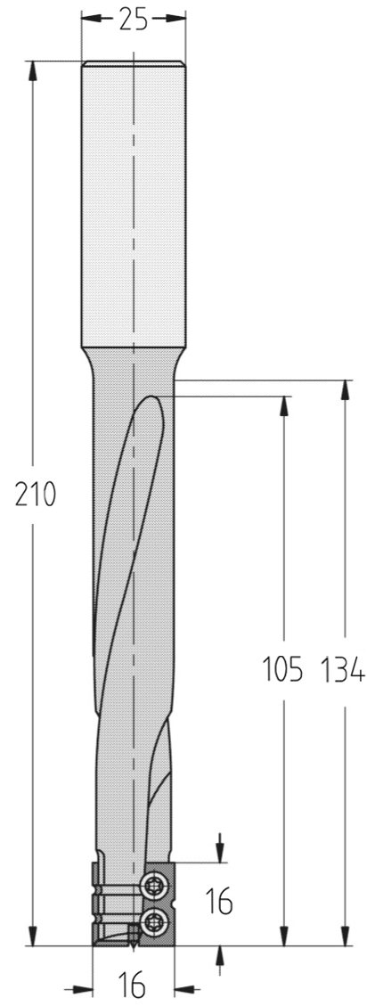 Technische Maßzeichnung des JSO HW Wendeplatten-Schlosskastenfräsers mit Darstellung der Spiralspurführung, integrierten Spanbrechern, Durchmesser 16 mm, Nutzlänge 105 mm, Schaft 25 mm und Gesamtlänge 210 mm.