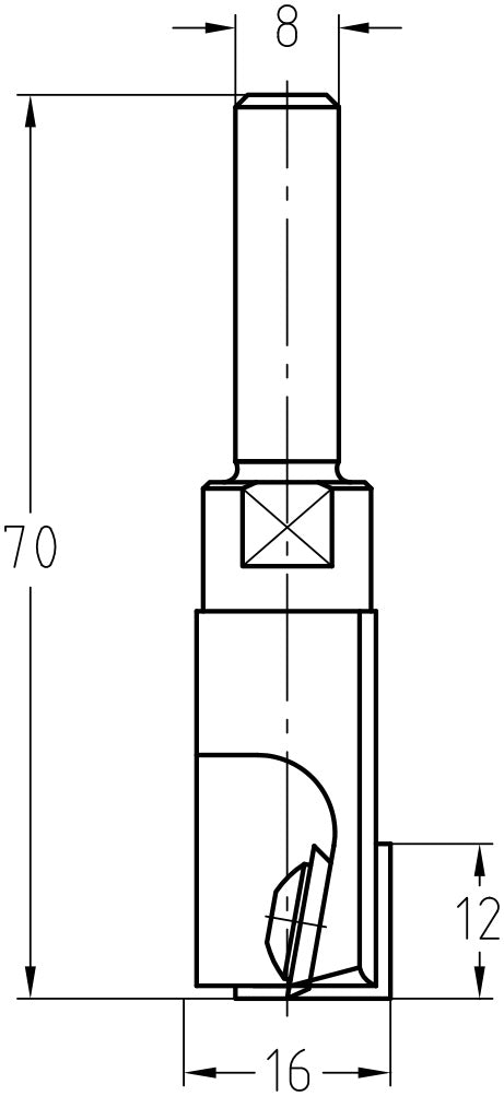 Technische Zeichnung JSO Wendeplatten-Nutfräser Ø 16mm NL 12mm S8 – Maße für flache Fräsarbeiten
