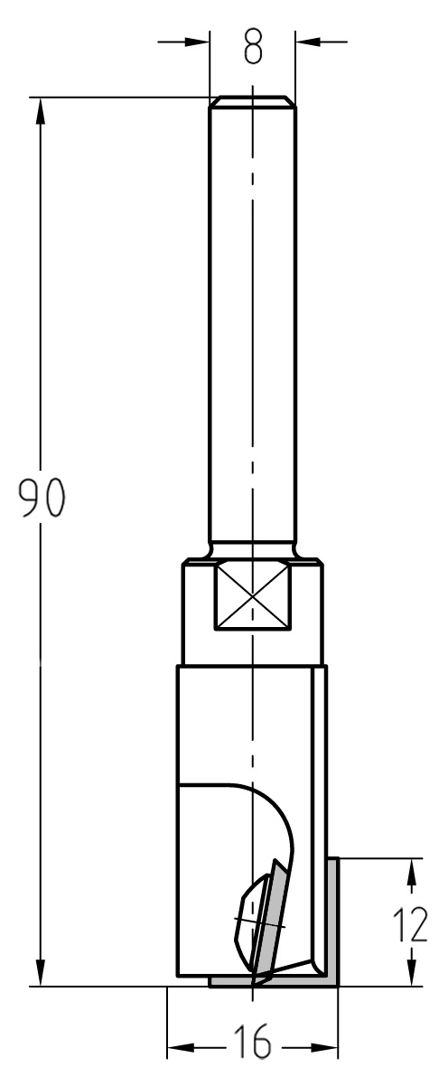 Technische Zeichnung JSO Wendeplatten-Nutfräser HW Ø 16 mm NL 12 mm Schaft 8 mm GL 90 mm – Maße für tiefe Fräsarbeiten mit kurzem Schnitt