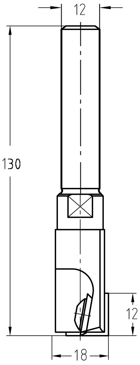 Technische Zeichnung JSO Wendeplatten-Nutfräser HW Ø 18 mm NL 12 mm Schaft 12 mm GL 130 mm – Maße für extrem tiefe Fräsarbeiten mit breitem Schnitt