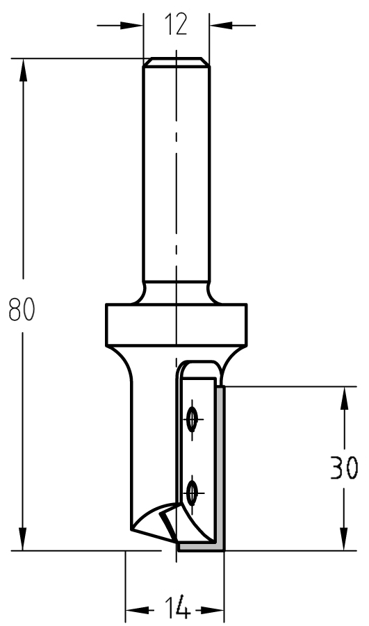 Technische Zeichnung JSO Wendeplatten-Nutfräser HW Ø 14 mm NL 30 mm Schaft 12 mm GL 80 mm – Präzisionsmaße für vibrationsfreie Nutarbeiten