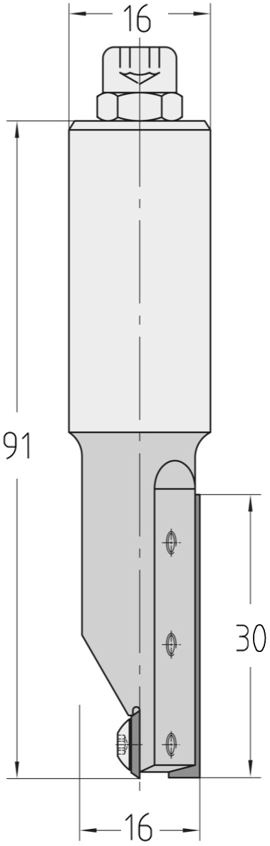 Technische Maßzeichnung des JSO Wendeplatten-Nutfräsers mit exakten Bemaßungen für Durchmesser 16 mm, Nutzlänge 30 mm und Gesamtlänge 91 mm.