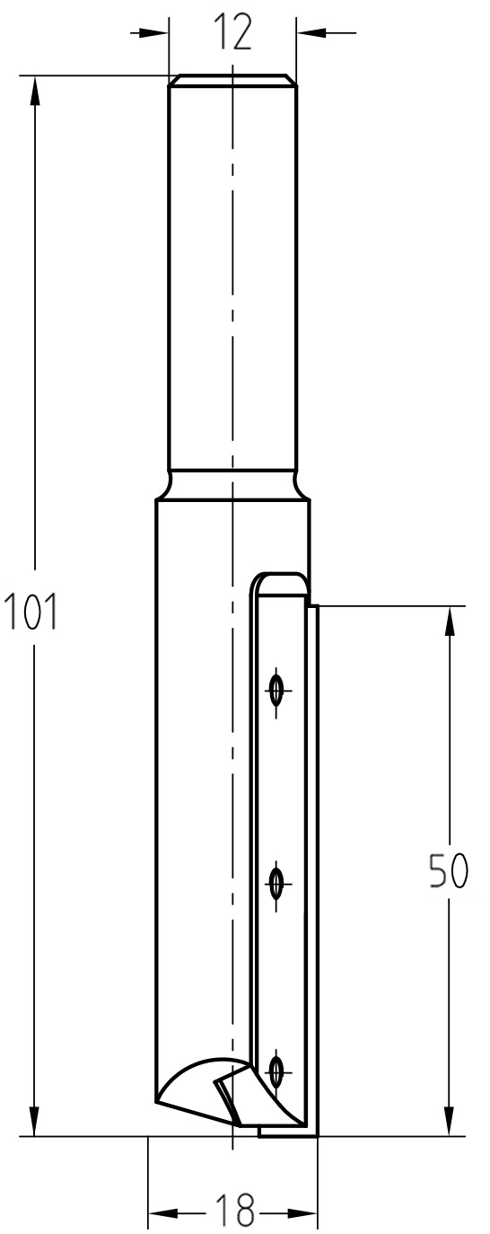 Technische Zeichnung JSO Wendeplatten-Nutfräser HW Ø 18 mm NL 50 mm Schaft 12 mm GL 101 mm – Maße für tiefe industrielle Nutungen