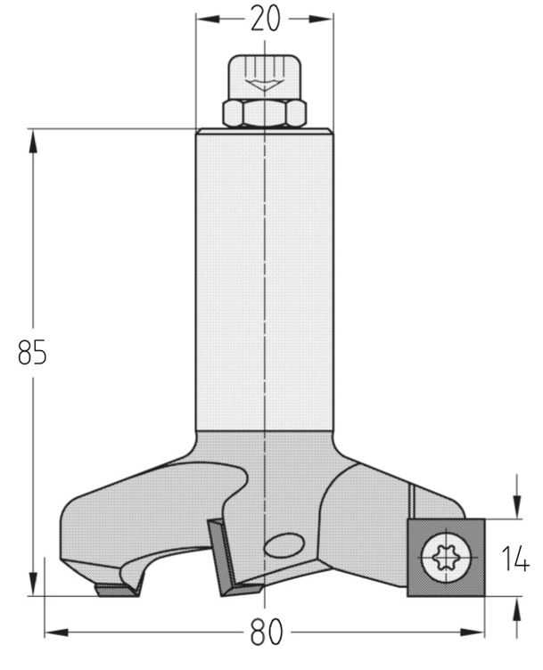 Technische Maßzeichnung des JSO 4Cut Wendeplatten-Planwerkzeugs (80x14 mm, Gesamtlänge 85 mm) mit präziser Darstellung der quadratischen Plattensitze (14x14 mm) und der Neigungswinkel.