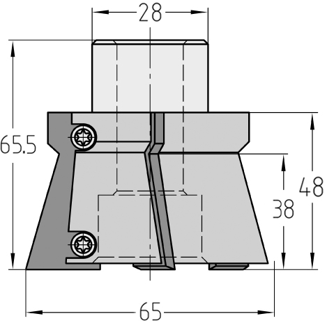 Technische Maßzeichnung des JSO HW Schwalbenschwanzfräsers für Linkslauf mit Kennzeichnung von Durchmesser 65 mm, Nutzlänge 48 mm, Schaft 28 mm und Gesamtlänge 65,5 mm sowie Darstellung der dreischneidigen (Z=3) Anordnung.