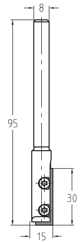 Technische Maßzeichnung des JSO Wendeplatten-Nutfräswerkzeugs mit Maßangaben für Durchmesser (15 mm), Nutzlänge (30 mm) und Gesamtlänge (95 mm).