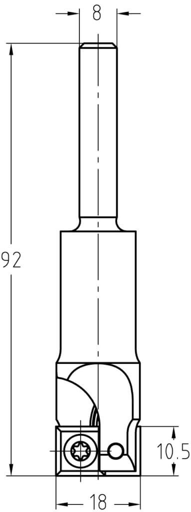 Technische Zeichnung JSO Wendeplatten-Nutfräser HW Ø 18 mm NL 10,5 mm Schaft 8 mm GL 92 mm – Maße für tiefe Fräsarbeiten mit spezialisierter Nutzlänge