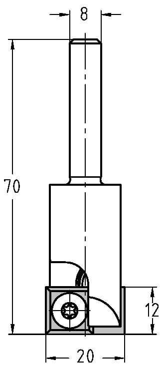 Technische Maßzeichnung des zweischneidigen JSO Wendeplatten-Nutfräswerkzeugs mit Maßangaben für Durchmesser (20 mm), Nutzlänge (12 mm) und Gesamtlänge (70 mm).