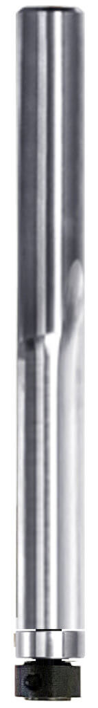 Einschneidiger AKE VHW Kopier- und Ausschnittfräser mit montiertem Anlauflager, einer scharfen Vollhartmetall-Schneide und einem 6 mm Schaft.