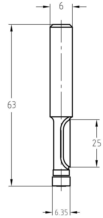 Technische Maßzeichnung des AKE VHW Kopier- und Ausschnittfräsers Z=1 mit Angaben für Durchmesser (6,35 mm), Nutzlänge (25 mm) und Gesamtlänge (63 mm).