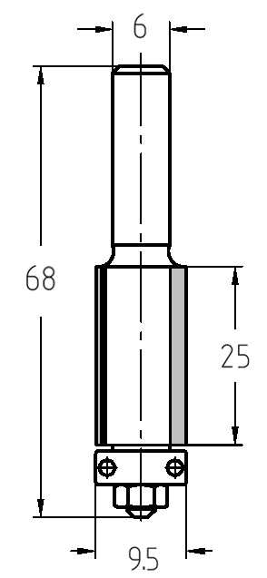 Technische Maßzeichnung des AKE Bündigfräsers mit genauen Angaben für Durchmesser (9,5 mm), Nutzlänge (25 mm) und die Gesamtlänge (68 mm).