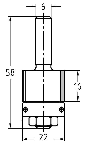 Technische Zeichnung JSO Bündigfräser Ø 22mm NL 16mm S6 – Maße für breite Kantenbearbeitung
