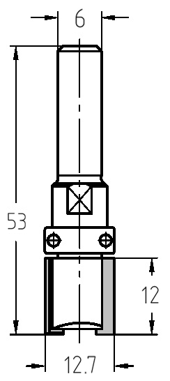 Technische Maßzeichnung des JSO Bündigfräsers mit genauen Angaben für Durchmesser (12,7 mm), Nutzlänge (12 mm) und die Gesamtlänge (53 mm).