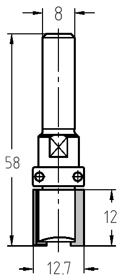 Technische Maßzeichnung des JSO Bündigfräsers mit genauen Angaben für Durchmesser (12,7 mm), Nutzlänge (12 mm) und die Gesamtlänge (53 mm).