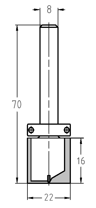 Technische Maßzeichnung des JSO Bündigfräsers mit genauen Angaben für Durchmesser (16 mm), Nutzlänge (20 mm) und die Gesamtlänge (70 mm).