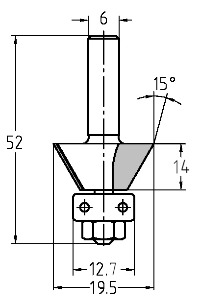 Technische Maßzeichnung des 15-Grad-Fasenfräswerkzeugs mit Maßangaben für Durchmesser (19,5 mm), Nutzlänge (14 mm) und Gesamtlänge (52 mm).