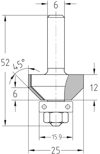 Maßzeichnung Fasefräser 45 Grad mit Lager: Durchmesser 25 mm, Anlauflager 12,7 mm, Nutzlänge 12 mm.

