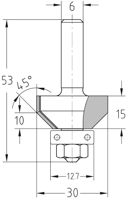 Maßzeichnung Fasefräser 45 Grad mit Lager: Durchmesser 30 mm, Anlauflager 12,7 mm, Nutzlänge 15 mm.
