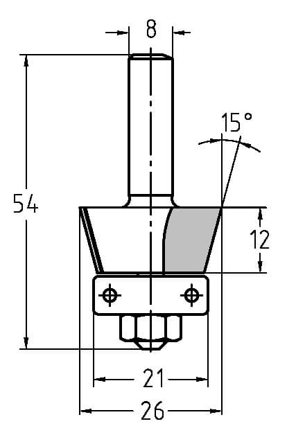 Technische Maßzeichnung des 15-Grad-Fasenfräswerkzeugs mit Maßangaben für Durchmesser (26 mm), Nutzlänge (12 mm) und den 8 mm Schaft.