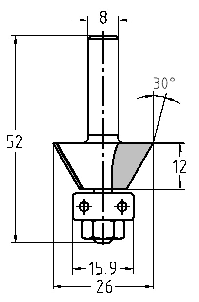 Technische Maßzeichnung des 30-Grad-Fasenfräswerkzeugs mit Maßangaben für Durchmesser (26 mm), Nutzlänge (12 mm) und den 8 mm Schaft.