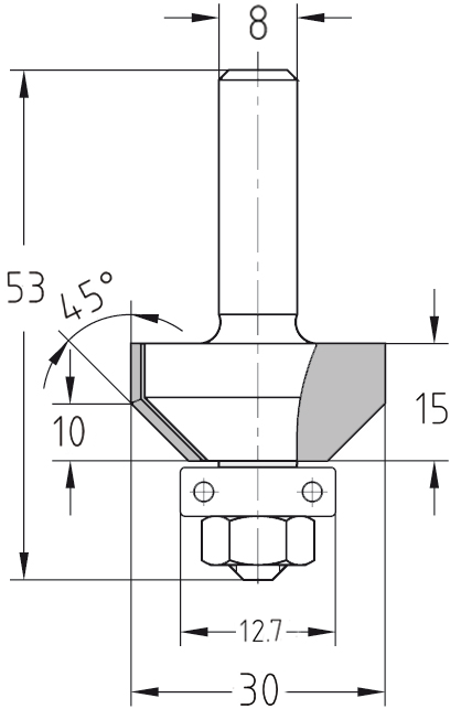 Maßzeichnung Fasefräser 45 Grad mit Lager: Durchmesser 30 mm, Anlauflager 12,7 mm, Nutzlänge 15 mm.
