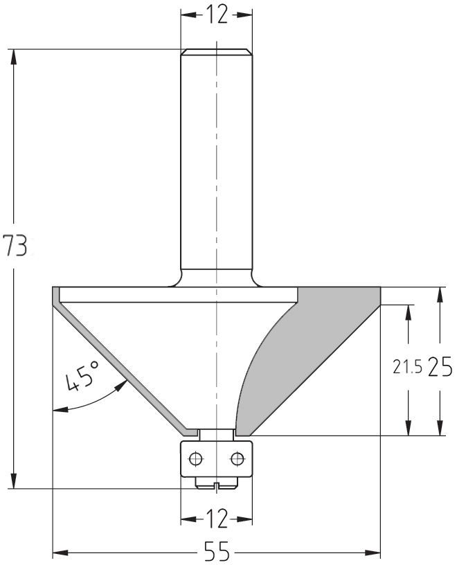 Maßzeichnung Fasefräser 45 Grad mit Lager: Durchmesser 55 mm, Anlauflager 12,7 mm, Nutzlänge 25 mm, Faselänge 21,5 mm.
