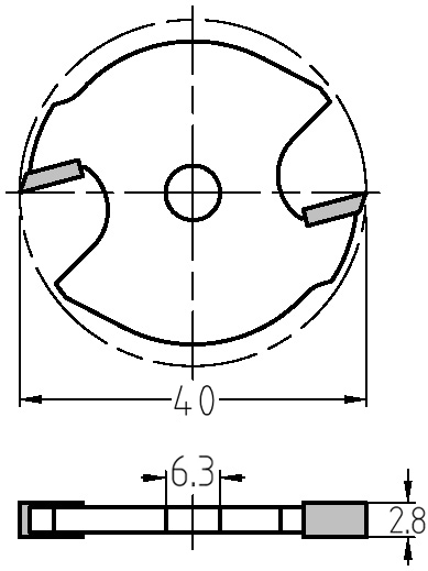 Technische Maßzeichnung des Scheibennutfräsers: Details zu Außendurchmesser 40 mm, Schnittbreite 2,8 mm und der 6,3 mm Bohrung.