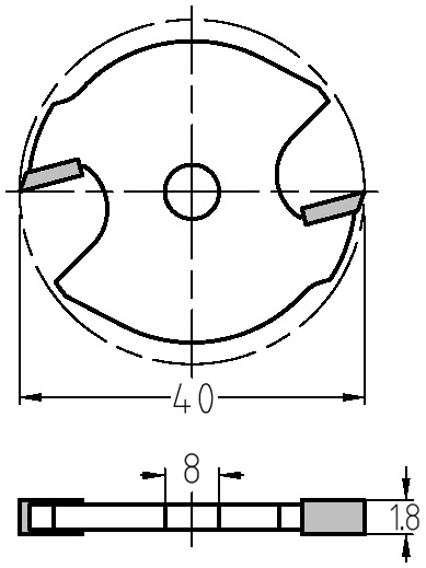 Technische Maßzeichnung des Scheibennutfräsers: Details zu Außendurchmesser 40 mm, Schnittbreite 1,8 mm und der 8 mm Bohrung.
