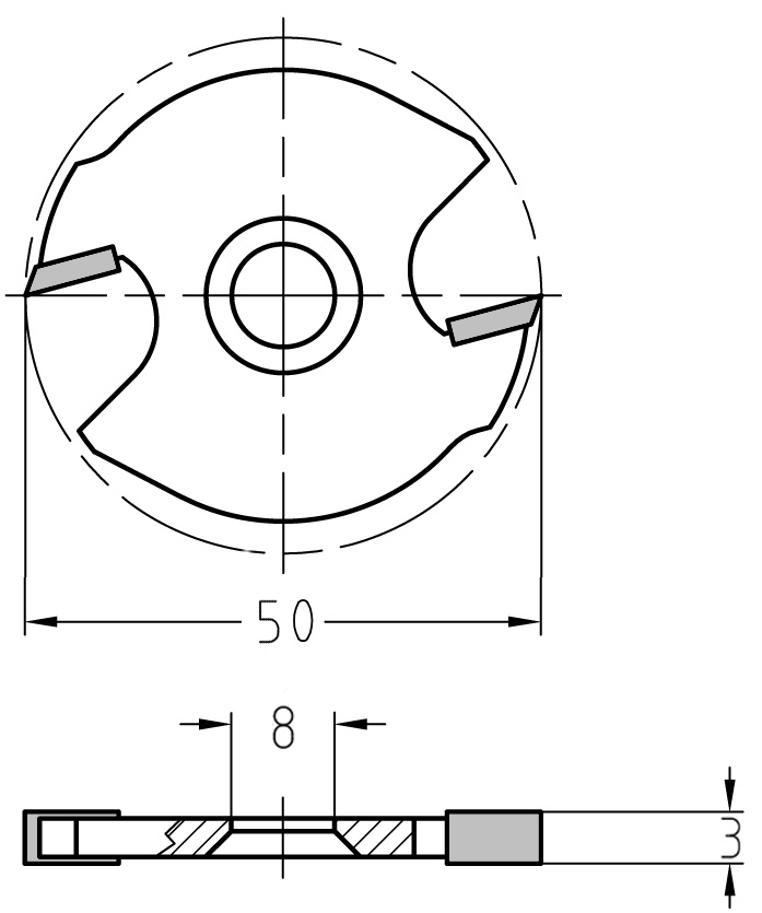 Maßzeichnung: Angesenkter Scheibennutfräser Ø 50 mm, Schnittbreite 3 mm und Details zur 8 mm Bohrung mit integrierter Senkung.