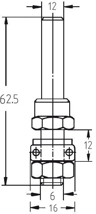 Technische Maßzeichnung der JSO Frässpindel mit Anlauflager und genauen Abmessungen für Schaft (12 mm), Nutzlänge (12 mm) und Gesamtlänge (62,5 mm).